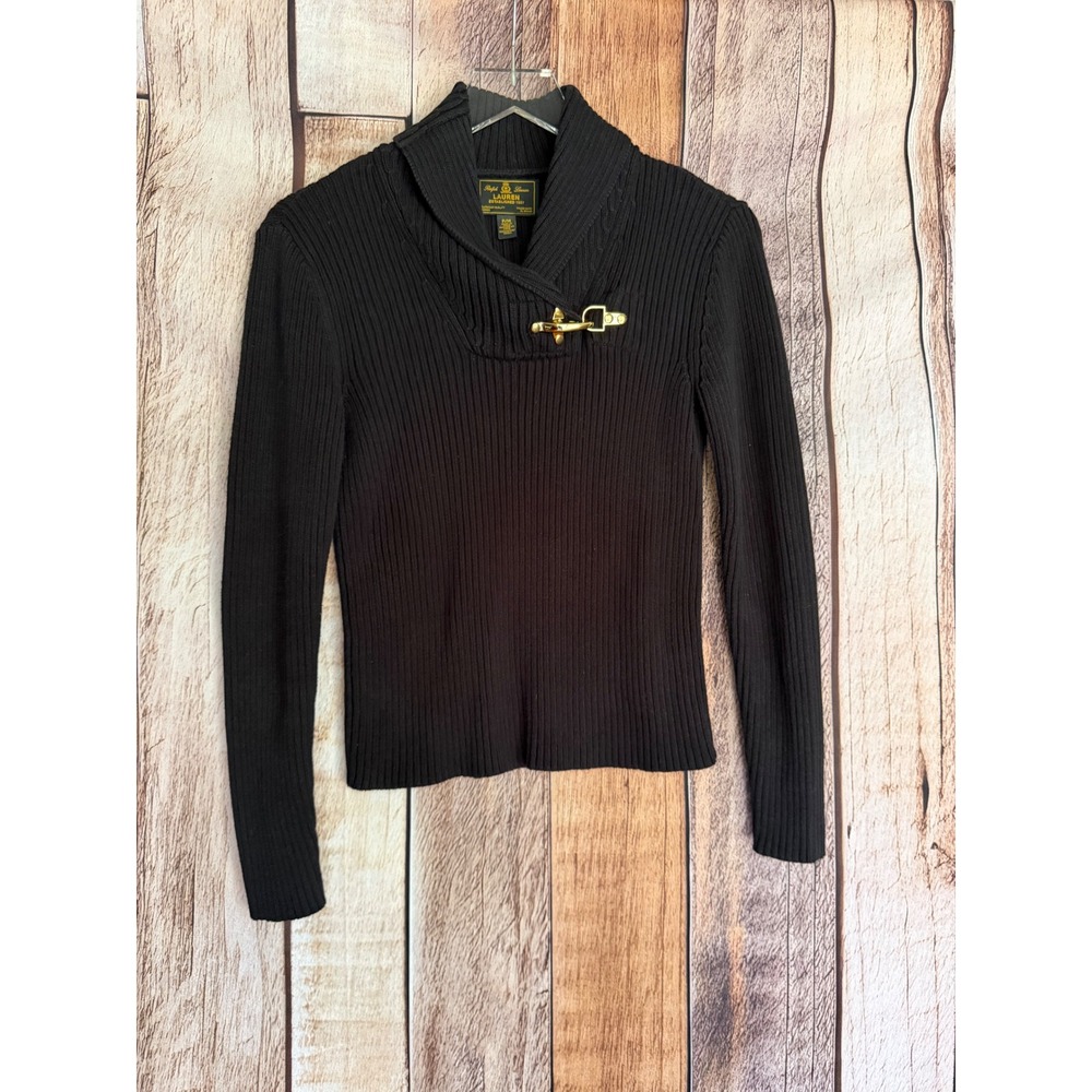 Lauren Ralph Lauren Sweater Ribbed Toggle Shawl Collar Black Size Petite Medium